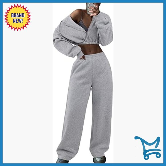 Pants - Large Slim Fit Cropped Hoodie Sweatpants Set Lightweight Polyester Activewear